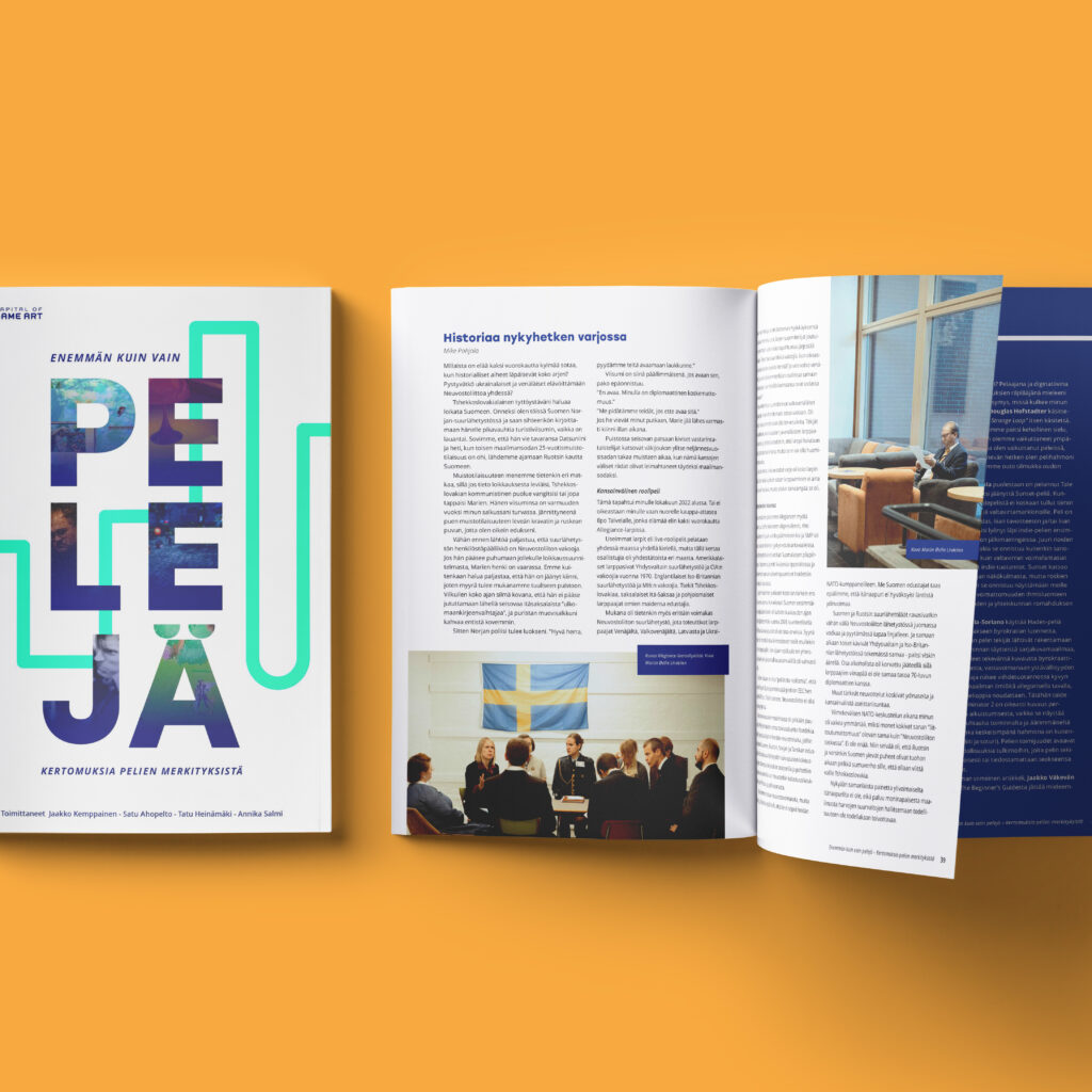 Enemmän kuin vain pelejä -artikkelikokoelman taittotyö, esimerkkikuva aukeamasta.